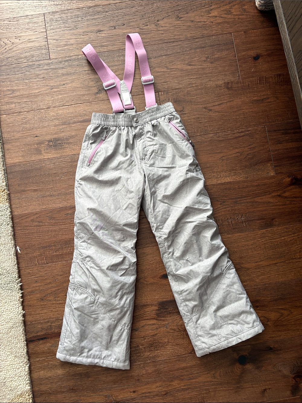 Kids Snow Pants with Pink Suspenders - Light Gray - Size 10-12